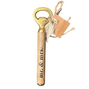 Mudpie NWT wood handle brass bottle opener Mr. & Mrs. wedding gift Barware 6”
